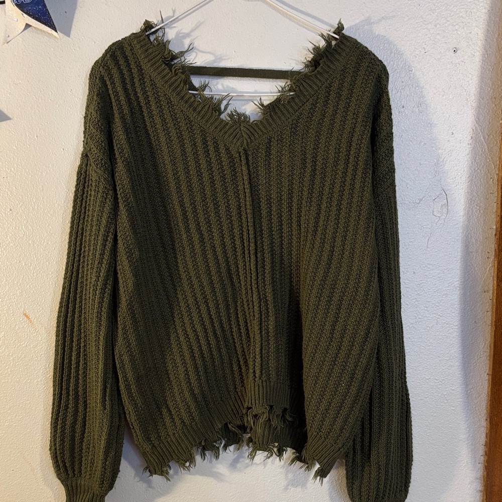 Rue21 Frayed Olive V-Neck Sweater